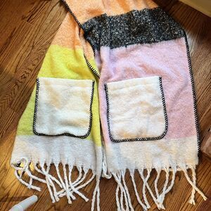 Color Block Scarf w fringe & Pockets Long Wide Chunky Bright Contrast Whipstitch